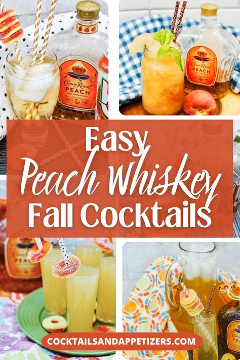 Peach Whisky drinks that are easy to make cocktails. Peach whiskey slush, peach shots. peach shooters and more favorite summer cocktail recipes with whiskey. Cocktails With Peach Syrup, Peach Syrup Cocktail, Peach Cider Cocktail, Simply Peach Cocktail, Peach Brandy Cocktails, Peach Old Fashioned Cocktail, Peach Drinks Alcohol, Peach Shots, Peach Whiskey Cocktails