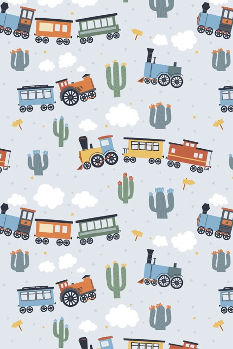 Train Adventures is a cute, cartoon style collection with colourful trains, wagons, railroad signs and natural elements that you can mix and match to create unique designs. The set includes vector graphic elements, seamless patterns and pre-made nursery prints. Trains Wallpaper, Train Background, Railroad Signs, Train Pattern, Train Cartoon, Train Wallpaper, Train Vector, Train Illustration, Nursery Patterns