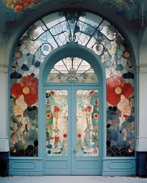 Art Nouveau Stained Glass, زجاج ملون, Entrance Door Design, Art Nouveau Architecture, Blue Door, Stained Glass Window, Beautiful Doors, Dream House Decor, Beautiful Buildings