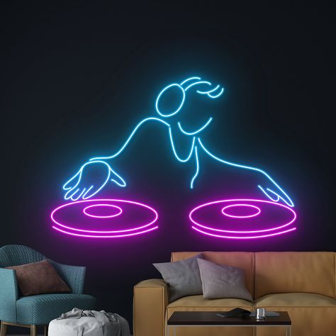 #NeonSigns #BrightIdeas #NeonSignNames #NeonInspiration #NeonRoom #RoomDecor Led Music Lights, Music Room Led Lights, Dj Neon Sign, Led Themed Room, Club Bar Design, Disco Bathroom, Dj Designs, Resturant Decor, Neon Sign Decor