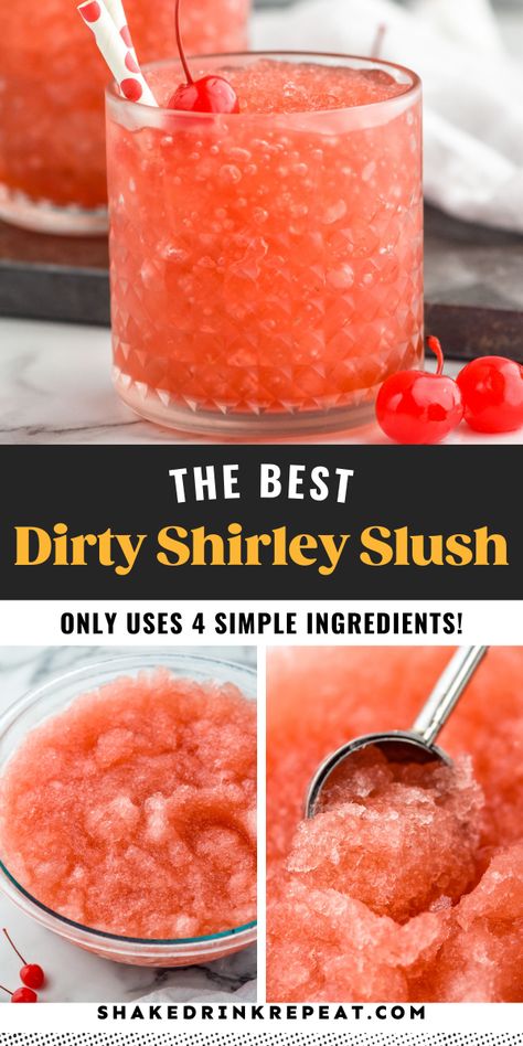 This easy Dirty Shirley Slush recipe is a summer spin on the classic Dirty Shirley cocktail. Made with just four ingredients, you will crave this delicious adult slushy all summer long! Wine Slushy Recipe, Brandy Slush Wisconsin, Apricot Brandy Slush, Alcohol Slushies Recipes, Holiday Slush Recipes, Slushie Alcohol Drinks, Ninja Slushie Recipes Alcohol, Slushie Ideas, Cherry Slushie Recipe