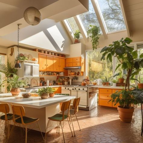 Retro House Inspiration, Yellow Interior Aesthetic, Orange House Interior, Home Interior Design Dining Room, Warm Tone Kitchen, Artsy Homes, Solarium Kitchen, Desert Bungalow, Brazilian Kitchen