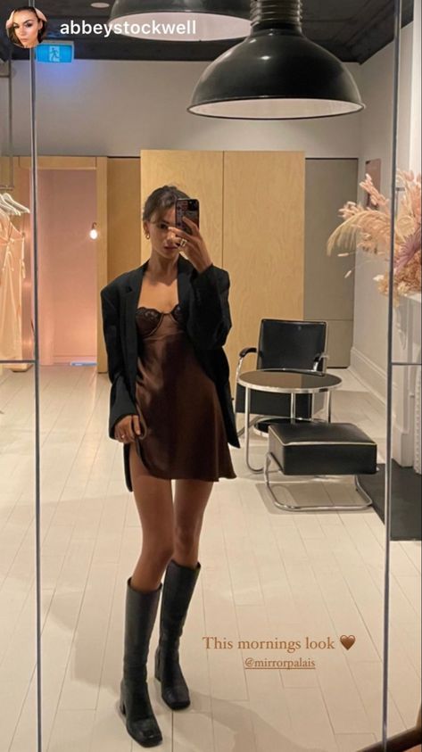 Mirror Palais Brown Slip Dress and Blazer #ootd #fashion #mirrorpalais Slip Dress Outfit Night, Slip Dress Winter, Slip Dress Outfit Winter, Winter Going Out Outfit, Brown Dresses Outfit, Dress And Blazer Outfit, Brown Slip Dress, Slip Dress Outfit, Going Out Outfit