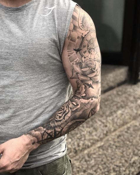 "Symbolic Ink: Tattoos with Deep Meanings for Men" "Black and Grey or Colorful? Choosing the Right Cloud Tattoo Sleeve, Tattoo Sleeve Filler, Men Tattoos Arm Sleeve, Men Tattoo, Mens Shoulder Tattoo, Muster Tattoos, Upper Arm Tattoos, Tattoo Ideas For Men, Watch Tattoos