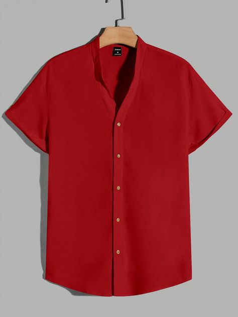 SHEIN Men Solid Button Front Shirt Red Shirt Outfit Men, Red Shirt Outfits, Red Shirt Men, Red Button Up Shirt, Sweater Outfits Men, Blouse Man, Shein Men, Shirt Outfit Men, Plain Shirt