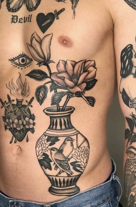 Back Vase Tattoo, Flower Vase Back Tattoo, Flowers Vase Tattoo, Vase Tattoo Back, Traditional Flower Vase Tattoo, Vase Traditional Tattoo, Vase Back Tattoo, Vase With Flowers Tattoo, Still Life Tattoo