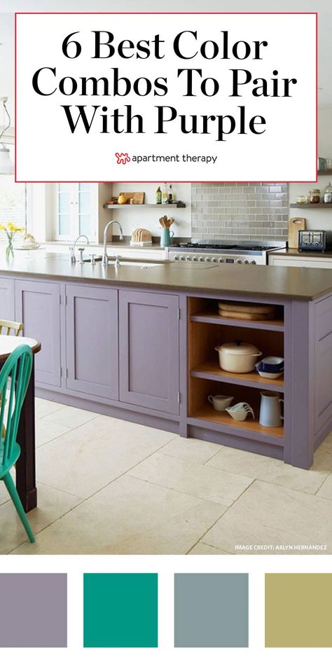 To show you the power of purple, we’ve curated six great color palettes where it's the star. These are the best combos to pair with purple. #purpledecor #purplepaint #paintcolors #colorpalette #purplekitchen #purplelivingroom #livingroomcolors #kitchencolors #designtrends #paintcolorideas #colortrends Deep Purple Cabinets, Kitchen Purple Cabinets, Purple Countertops Kitchen, Purple Kitchen Table, Purple And Wood Kitchen, Light Purple Kitchen Cabinets, Lilac Kitchen Cabinets, Colors To Pair With Purple, Purple Cabinets Kitchen