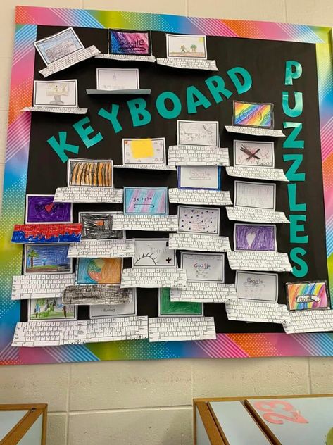 Tech Bulletin Board Ideas, Coding Bulletin Board Ideas, Technology Bulletin Boards Elementary, Computer Science Bulletin Board Ideas, Technology Bulletin Board Ideas, Computer Lab Decoration Ideas, School Computer Lab Decor, Tech Decoration, School Computer Lab Design