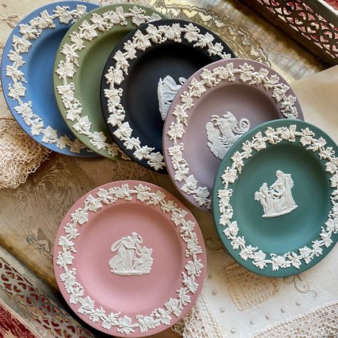 Wedgewood Jasperware Minature Plates ~ Pink, Teal, Lilac, Black, Sage, Wedgewood Blue Jasperware Wedgewood, Wedgewood Jasperware, Thrift Wishlist, House Of Gold, Wedgwood Pottery, Wedgewood Blue, Black Sage, Miniature Plates, Grand Millennial