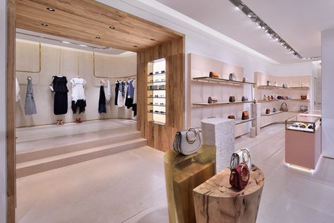 Store explore: Chloé's first Singapore boutique is a pastel-perfect wonderland | Lifestyle Asia Singapore Chloe Store, Fashion Shop Interior, Wes Anderson, Architectural Details, Retail Space, Shop Interior, Stone Flooring, Geometric Wall, Retail Shop