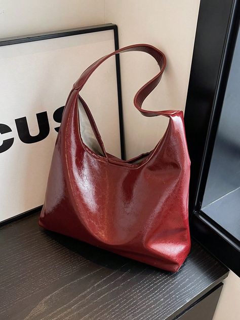 Burgundy  Collar  PU Leather Plain Shoulder Tote Bag Embellished   Women Bags Burgundy Tote Bag, Burgundy Leather Bag, Bag For University, Demure Fall, Letter Vintage, Canvas Grocery Bag, Red Shoulder Bag, Burgundy Bag, Red Leather Bag