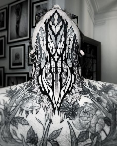 Cathedral Tattoo, Front Neck Tattoo, Trippy Tattoo, Medieval Tattoo, Throat Tattoo, Blackout Tattoo, Sick Tattoo, Spooky Tattoos, Dark Art Tattoo