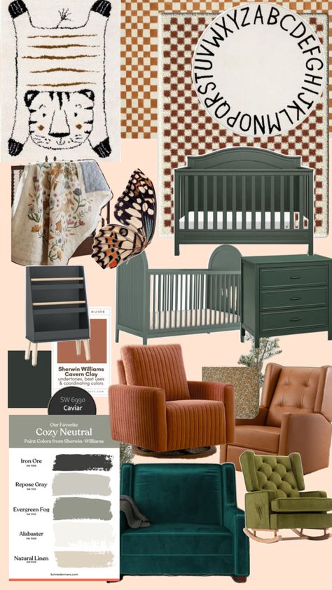 Earth-toned inspired nursery with forest green crib and changing table, camel brown and ivory colored square checkered rugs, lush fabrics like velvet and corduroy. Features brown and green paint swatches and a black brown and green butterfly wing for color inspiration. Moody Nursery, Repose Gray, Neutral Paint Colors, Neutral Paint, Nursery Inspo, Neutral Nursery, Gender Neutral Nursery, Baby Bedroom, Nursery Neutral