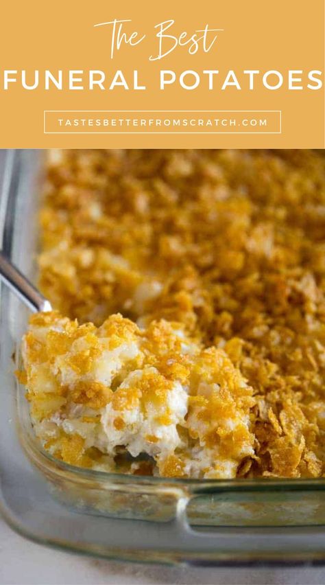 Image of easy, cheesy Funeral Potatoes made with hash browns, perfect for a crowd or holiday gatherings. Sunday Side Dishes, Cheese Potato Casserole, Potatoe Recipes, Frozen Hashbrowns, Cheesy Potato Casserole, Frozen Potatoes, Sunday Dinners, Hashbrown Recipes, Cheese Potatoes