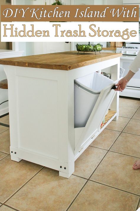 25 Cheap DIY Kitchen Island Ideas Kitchen Island Upgrade, Kitchen Islands Ideas With Seating, Island Storage, Kitchen Island Storage, Trash Storage, Kitchen Island Plans, Small Kitchen Island, Kitchen Island Decor, Kitchen Island With Seating