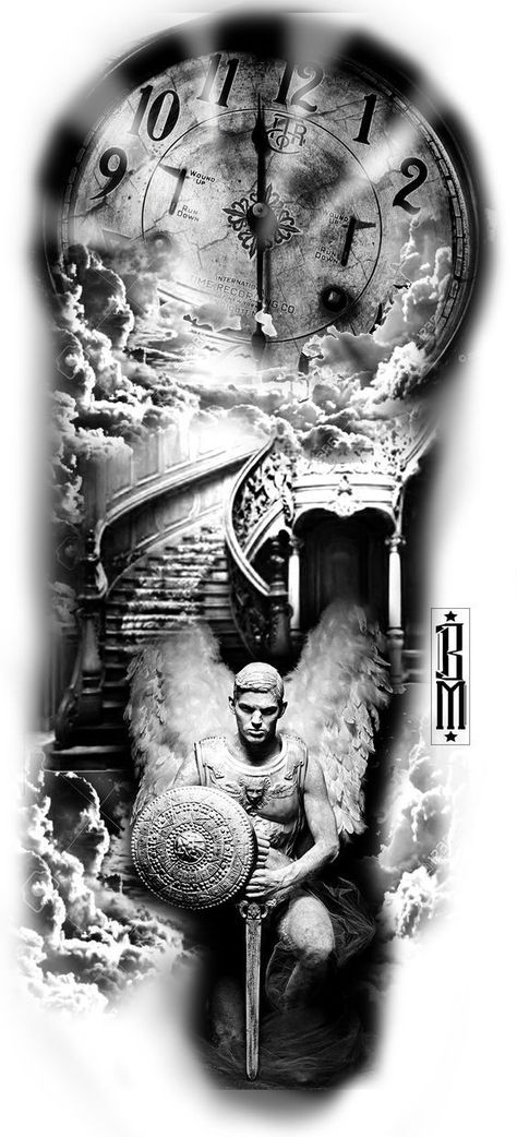 Sky Tattoos, Archangel Tattoo, Heaven Tattoos, Angel Tattoo Designs, Religious Tattoos, Mythology Tattoos, Geniale Tattoos, Angel Warrior, Clock Tattoo