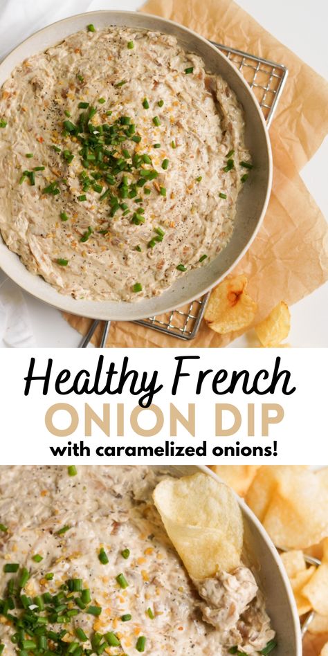 Healthy French Onion Dip is creamy, savory, delicious, and loaded with all the flavor of the classic! It’s made with caramelized onions, greek yogurt, whipped cream cheese, and fresh herbs. Serve this homemade dip with potato chips or veggies for the perfect game day snack or party appetizer! Healthy French Onion Dip, Yogurt Whipped Cream, Greek Yogurt Whipped Cream, French Onion Dip Recipe, Homemade French Onion Dip, Healthy Appetizers Easy, Fall Fun Food, French Onion Dip, Healthy Comfort