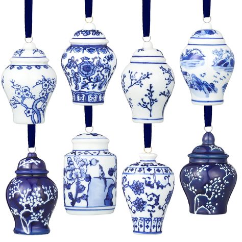 PRICES MAY VARY. Available 8 Styles: what you will receive are 8 pieces of mini Christmas ornaments with hanging ribbons, mainly colored in blue and white, and designed in the shapes of ginger jars, delicate and artistic; Sufficient quantities and diverse types could fully meet your Christmas tree or table decoration needs Chinoiserie Design: as you can see in the pictures, our blue and white ginger jars adopt elegant patterns and colors of traditional Chinese porcelain, full of vintage and past Natal, Blue And White Christmas Tree, Jar Ornaments, Chinoiserie Ornaments, White Christmas Tree Decorations, Blue And White Christmas, Ornaments Ceramic, Ceramic Christmas Ornaments, Chinoiserie Christmas