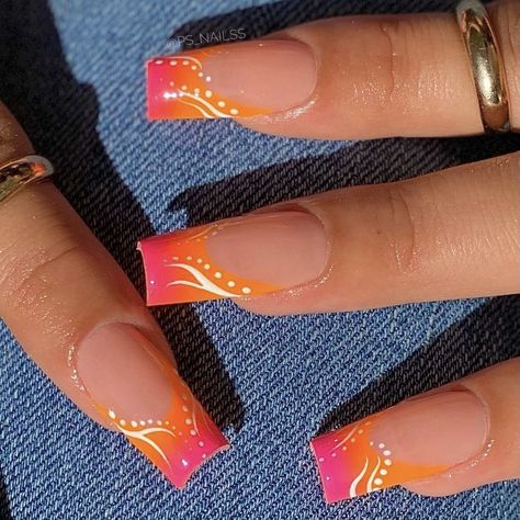 Pink Or Orange Nails, Square Acrylic Nails Designs Fall, Cruise Nails Square, Easy Summer Acrylic Nails, June Colors Nails, Red Orange Nail Designs Summer, Hawaii Nails Square, Habisquis Nails, Nails For Hawaii Vacation Acrylic