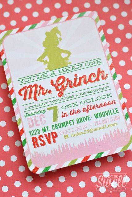 Cute Grinch Christmas party invitation. See more party ideas at CatchMyParty.com. #grinch #christmas #partyideas Volunteer Christmas, Grinch Birthday, Cute Grinch, Ward Christmas Party, Holiday Party Ideas, Christmas Invite, Grinch Christmas Party, Whoville Christmas, Mr Grinch