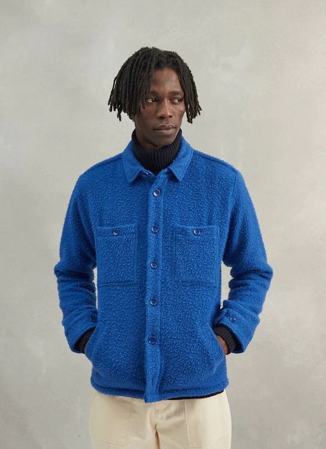 Men's Electric Blue Blanket Overshirt | Casentino Wool Shacket | Percival Menswear Electric Blue Shirt, Wool Shacket, Mens Aesthetic, Wool Jackets, Western Jacket, Blue Fits, Boiled Wool, Blue Blanket, Diy Shirt