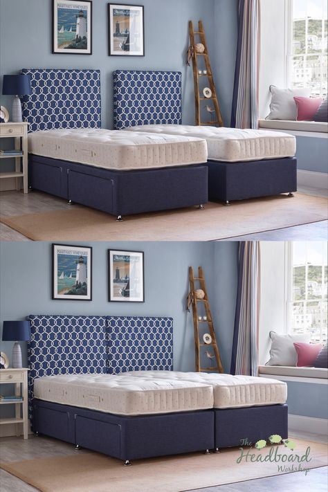 Linking two single beds into a super king or kingsize sleeping arrangement has never been easier or more beautiful. The Headboard Workshop has many stylish solutions for twin rooms, boutique hotels and holiday lets that need style and flexibility for their rooms as well as practicality and an upmarket feel. Two Twin Xl Beds Together, Four Single Beds, Twin King Single Beds, Twin Beds Privacy, Single Twin Bed Guest Room Ideas, Two Beds For Couples, How To Arrange Two Twin Beds In One Room, Two Twin Beds Together King, Two Twin Beds Pushed Together