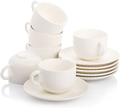 Amazon.com | AVLA Porcelain Cappuccino Cups with Saucers, 6 Ounce Ceramic Coffee Cup and Saucer Set, Espresso Mugs Set for Turkish Coffee, Latte, Cappuccino, Demitasse Cups, Set of 6, White: Cup & Saucer Sets Cup Saucer Set, Espresso Mugs, Singer Dr, Coffee Cup And Saucer, Espresso Cups Set, Cappuccino Cups, Coffee Cup Set, Cups Set, House Things