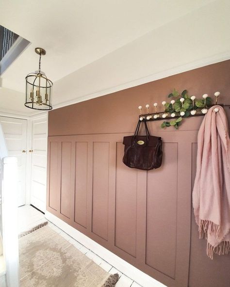 Pink Walls Hallway, Hallway Panneling Colour Ideas, Pink Hallway Panelling, Wall Panelling Utility Room, Coloured Panelling Bedroom, Pink Entrance Hall, Sulking Room Pink Panelling, Panel Hallway Ideas, Sulking Room Pink Hallway