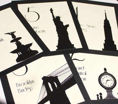 NYC Table Number New York City Wedding by ShannaMicheleDesigns City Wedding Decor, New York Theme Party, New York Party, Nyc Landmarks, New York Theme, City Silhouette, Event Sign, Reception Signs, Nyc Wedding