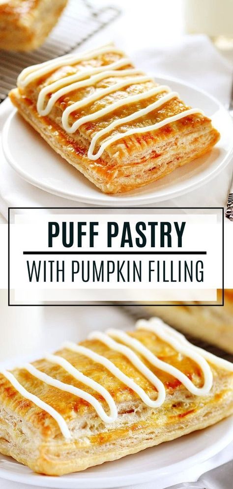 A homemade Pumpkin Puff Pastry with Pumpkin Pie Filling perfect for breakfast or brunch! This pumpkin fall treat is absolutely amazing and the perfect way to start any day. Make some for Thanksgiving or Christmas morning! Pumpkin Puff Pastry Desserts, Pumpkin Puff Pastry, Pumpkin Pastries, Pumpkin Filling, Pastries Recipes Dessert, Puff Pastry Desserts, Thanksgiving Appetizer Recipes, Pumpkin Recipe, Sweet Pumpkin