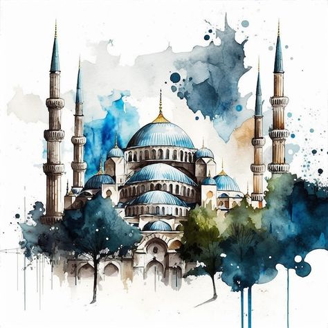 Islamic Drawing, Mosque Drawing, Blue Watercolor Wallpaper, Blue Mosque Istanbul, Drawing Scenery, Mosque Art, Building Painting, Scenery Paintings, Blue Mosque