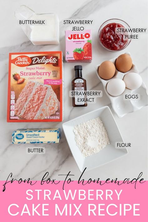 doctored strawberry cake mix Make Box Cake Taste Homemade, Strawberry Dessert Bars, Strawberry Cake Mix Recipes, Frozen Strawberry Desserts, Doctored Cake Mix Recipes, Strawberry Cupcake Recipes, Cake Mix Cupcakes, Cake Mix Recipe, Box Cake Recipes