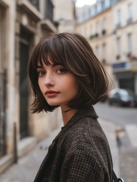 Short Bob Hairstyles Bangs, French Style Bob, Fringe For Square Face, Bob With Bangs For Fine Hair, Short Bob With Bangs For Fine Hair Round Faces, French Bob With Bangs Oval Face, Brunette Bob Bangs, French Girl Bob With Bangs, Chin Bob Hairstyles