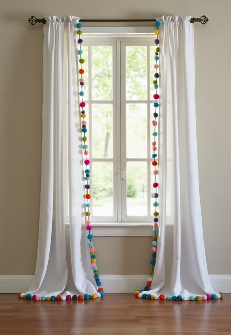 Boho Bedroom Curtains ideas Boho Classroom Curtains, Boho Curtain Ideas, Room Sunlight, Curtain Pompom, Orange Boho Curtains, Blue Library, Classroom Curtains, Pom Pom Curtains, Bedroom Curtain Ideas