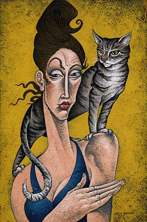 David Brooke, woman with cat on her shoulder. Cat On Shoulder Drawing, Cat On Shoulder, Shoulder Drawing, Woman With Cat, Crazy Cat People, Gorgeous Cats, Cats Artists, Cat People, Cat Colors