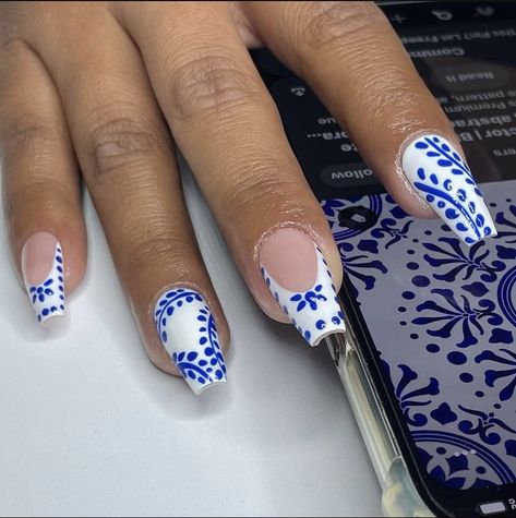 Blue And White Nails Greek, Blue And White China Pattern Nails, Santorini Blue Nails, Greece Blue Nails, Greece Nails Square, Mediterranean Nails Designs, Greece Acrylic Nails, Nails Greece Design, Italian Nail Designs