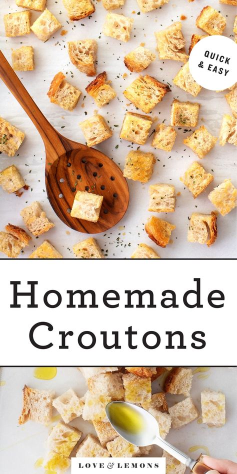 Learn how to make homemade croutons! This easy recipe calls for just 5 ingredients (!), and it comes out perfectly every time. The croutons are rich and crispy, with a delicious garlic flavor. Perfect for salads and soups! | Love and Lemons #croutons #howto #recipe #healthyrecipes How To Make Croutons, Croutons Recipe, Crouton Recipes, Hot Bread, Leftover Bread, Croutons Homemade, Stale Bread, Croutons, How To Make Homemade