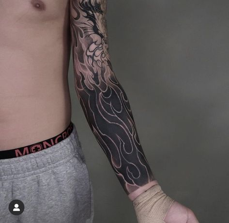 Fire Arm Sleeve Tattoo, Black Flames Tattoo, Flame Arm Tattoo, Black Fire Tattoo, Black Flame Tattoo, Japanese Fire Tattoo, Flame Sleeve Tattoo, Cover Up Tattoos For Men, Hand Tattoo Designs