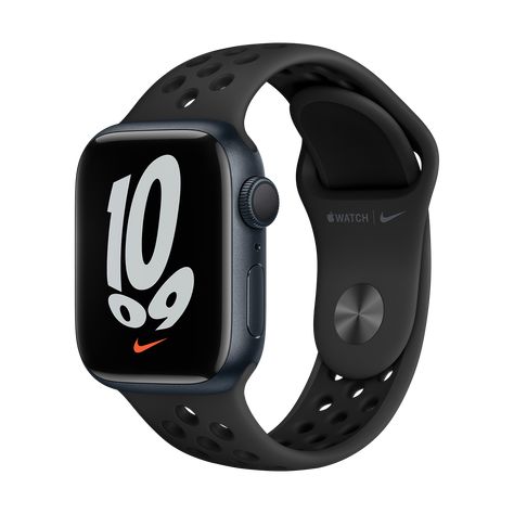 Apple Watch Nike+ Series 7 - Midnight Aluminum Case with Anthracite/Black Nike Sport Band Nike Ads, Nike Watch, Nike Noir, Running Partner, Apple Fitness, Apple Watch Nike, Sport Nike, Bracelet Apple Watch, New Apple Watch