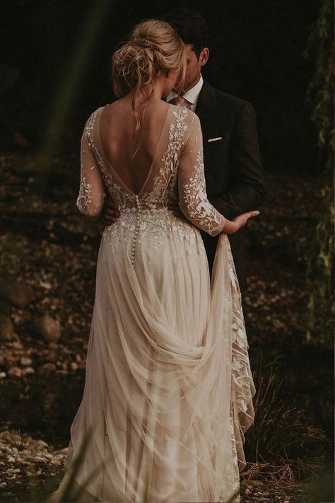 Wedding Dresses Romantic Fitted, Light Colored Wedding Dresses, Boho Wedding Dress With Sleeves Bohemian Lace, Boho Wedding Dress Lace Sleeves, Lace Long Sleeve Bridal Dresses, Appalachian Wedding Dress, Wedding Dress For The Mountains, Timeless Boho Wedding Dress, Champagne Wedding Dress Boho