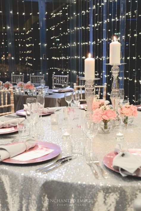 Pink Silver Wedding Theme, Pink White And Silver Wedding, Silver And Pink Decor, Sweet 16 Pink And Silver Theme, Pink White Silver Wedding Decor, Pink And Silver Table Decorations, Pink And Silver Wedding Decorations, Pink Silver White Party Decor, Pink Silver Wedding