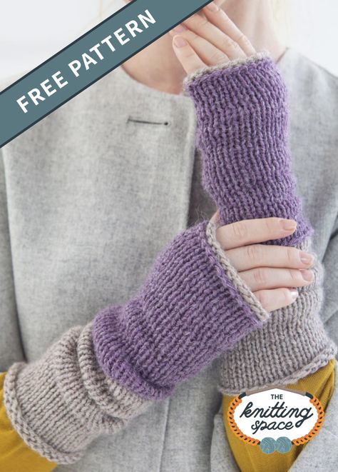 Stay warm throughout the cold season with these knitted fingerless arm warmers with two tones. The featured purple and beige color gave this pair an elegant finish but you can also craft a pair using your desired color. | Discover over 4,500 free knitting patterns at theknittingspace.com #knitpatternsfree #fallknittingpatterns #fallknits #fallcrafts #fallcozy #DIY #giftideas Knit Wrist Warmers Pattern, Chunky Knit Fingerless Gloves Free Pattern, Flat Knit Gloves Free Pattern, How To Knit Fingerless Gloves Easy, Free Knitting Pattern For Fingerless Gloves, Knit Hand Warmers Pattern, Handwarmers Knitting Pattern, Knit Fingerless Gloves Free Pattern In The Round, Arm Warmers Knitting Pattern