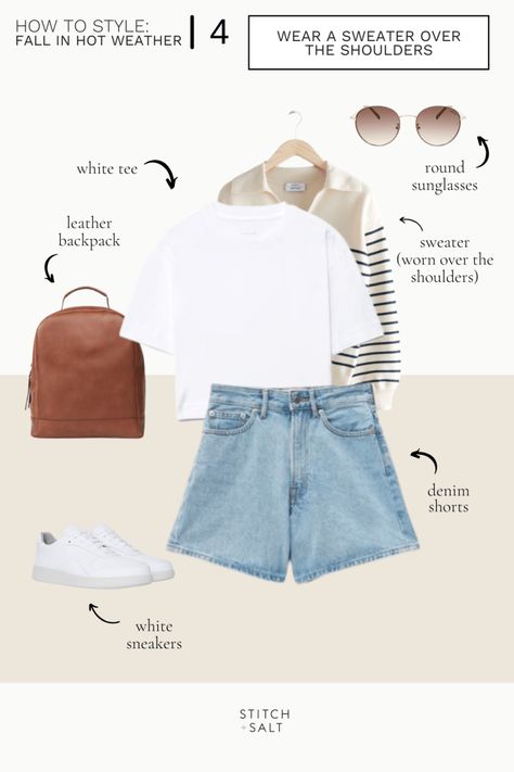 How To Dress For Fall When It's Hot Outside - Stitch & Salt Hot Outside, Dress For Fall, Heavy Sweaters, Trendy Sweaters, Transition Outfits, Linen Shorts, It's Hot, Dress Sandals, Hot Weather