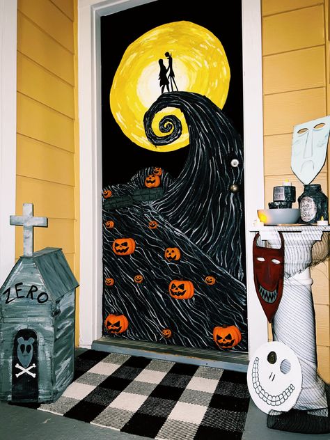 Nightmare Before Christmas Halloween Door Decor, Halloweentown Door Decorations, Halloween Door Cover Ideas, Door Decorating Ideas For Halloween, Halloween Movie Door Decorations, Halloween Door Decorations Classroom Nightmare Before Christmas, Halloween Door Painting Ideas, Door Decorating Contest Fall, Nightmare Before Christmas Door Decorating Contest