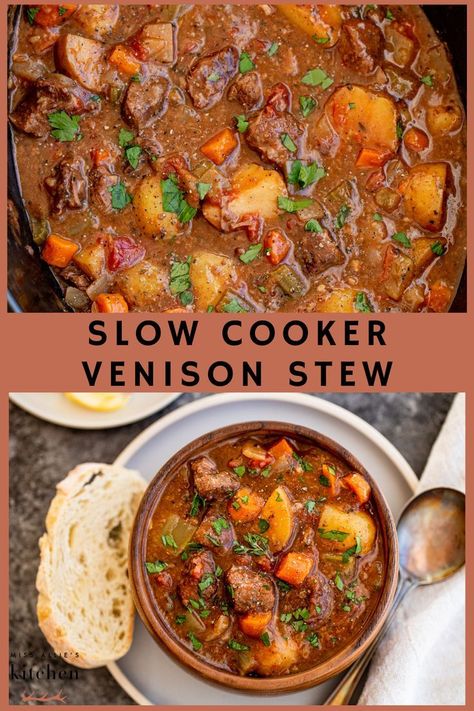 This thick, hearty and healthy slow cooker venison stew is made in the crockpot with tender hunks of deer meat, veggies, and a rich & flavorful broth. #venison #venisonstew #slowcookervenisonstew #wildgamerecipe Deer Hind Quarter Recipes, Elk Pot Roast Slow Cooker, Deer Tips Recipe, Crock Pot Venison Stew, Venison Stew Instant Pot, Best Deer Meat Recipes, Venison Shoulder Recipes, Deer Backstrap Recipes Crockpot, Deer Back Strap Recipes