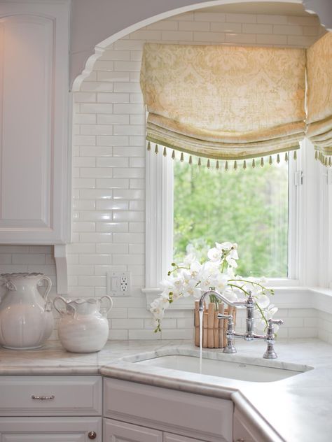 Window Over Sink, Corner Sink Kitchen, Kitchen Window Valances, Kitchen Sink Window, White Tile Backsplash, Corner Window, Corner Sink, Kitchen Window Treatments, Kitchen Corner