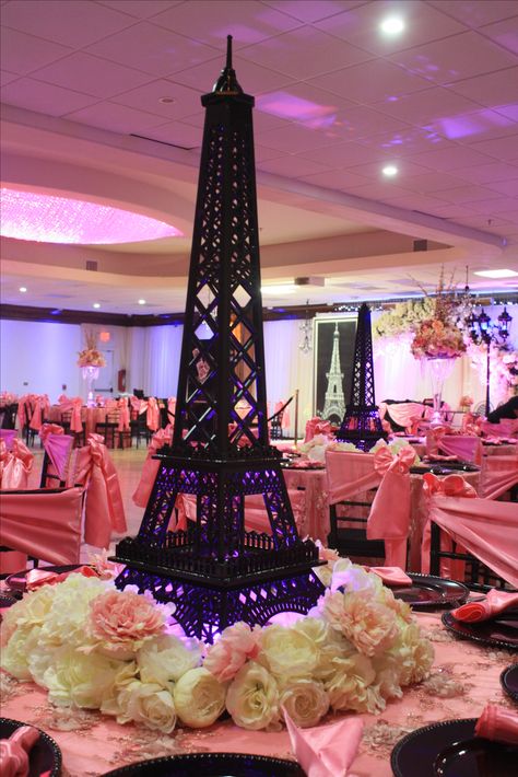 Paris Theme Flower Centerpieces, Paris Themed Tablescapes, Pink And Black Paris Theme Party, Paris Theme Wedding Decorations, Night In Paris Theme Party Sweet 16, Paris Sweet 16 Decorations, Paris Party Theme Decorations, Paris Theme Sweet Sixteen, Night In Paris Theme Party Decorations