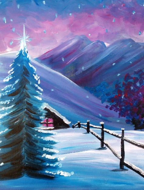 Winter Painting Ideas, Backgrounds Funny, Winter Scene Paintings, Easy Landscape Paintings, Beautiful Landscape Paintings, Christmas Paintings On Canvas, Easy Canvas Painting, Winter Painting, Canvas Painting Diy