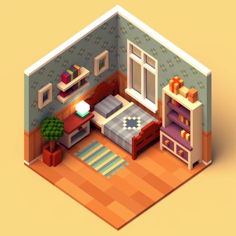 ArtStation - room, Elena Berezina Elena Berezina, 3d Isometric Room, Isometric Interior, Isometric Rooms, Voxel Art, 3d Isometric, Bangunan Minecraft, 3d Room, Isometric Drawing