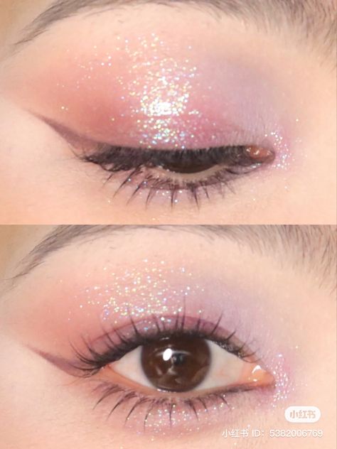 Soft Pink Prom Makeup, Bridesmaid Makeup Purple, Makeup Ideas Pink Eyeshadow, Sparkle Makeup Glitter, Purple Pink Eye Makeup, Pastel Pink Eyeshadow, Pastel Purple Eyeshadow, Pink Doyun Makeup, Soft Purple Makeup